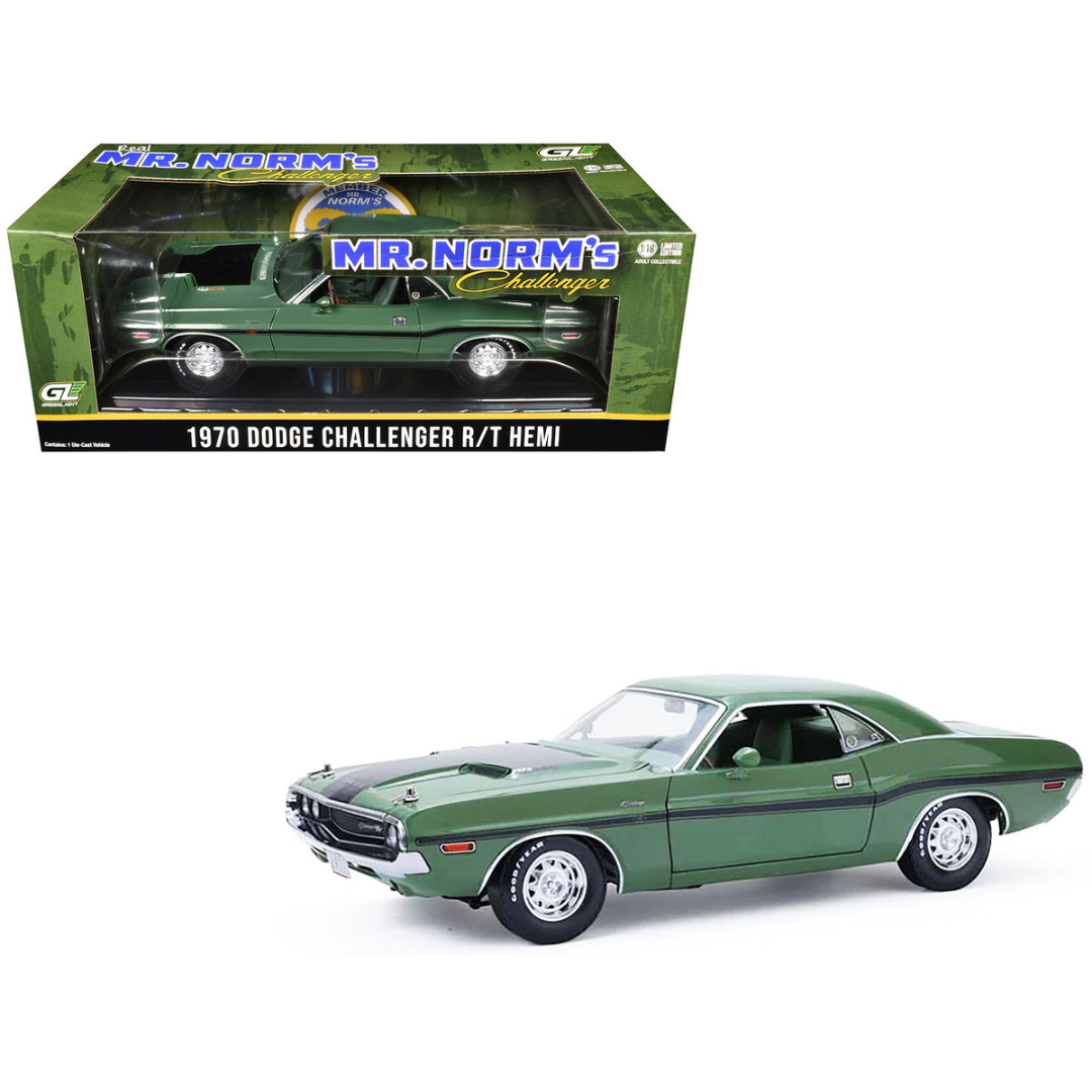 1970 Dodge Challenger R/T Hemi F8 Green with Black Stripes and Green Interior "Mr. Norm's Challenger" 1/18 Diecast Model Car