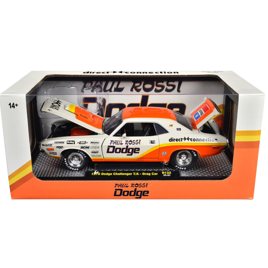 1970 Dodge Challenger T/A Drag Car "Paul Rossi" White and Orange with Graphics Limited Edition to 6650 pieces Worldwide 1/24 Diecast Model Car