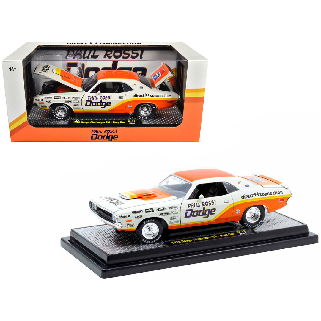 1970 Dodge Challenger T/A Drag Car "Paul Rossi" White and Orange with Graphics Limited Edition to 6650 pieces Worldwide 1/24 Diecast Model Car