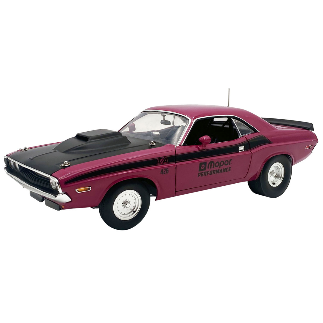 1970 Dodge Challenger T/A Pro Stock "Mopar Performance" Panther Pink with Black Stripes and Black Hood Limited Edition to 350 pieces Worldwide 1/18 Diecast Model Car