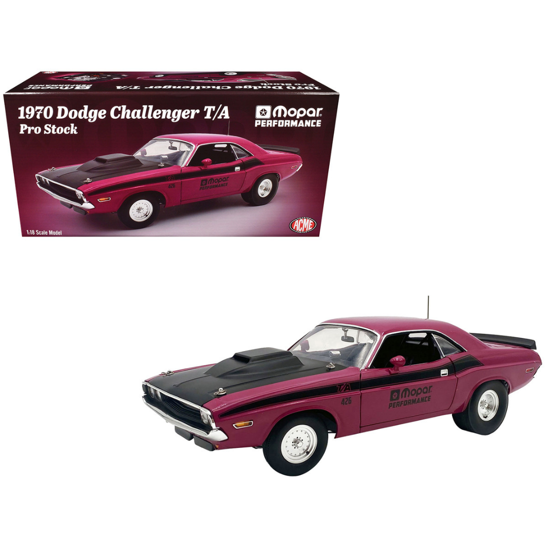 1970 Dodge Challenger T/A Pro Stock "Mopar Performance" Panther Pink with Black Stripes and Black Hood Limited Edition to 350 pieces Worldwide 1/18 Diecast Model Car