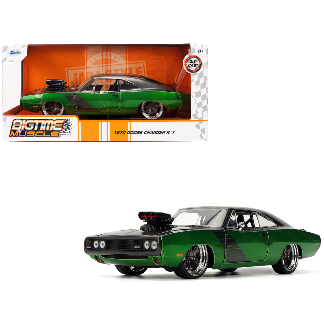 1970 Dodge Charger R/T Dark Gray Metallic and Green Metallic with Dark Gray Stripes "Bigtime Muscle" Series 1/24 Diecast Model Car