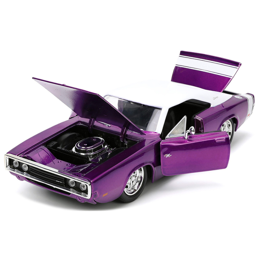 1970 Dodge Charger R/T Purple Metallic with White Top and Tail Stripe "Bigtime Muscle" Series 1/24 Diecast Model Car