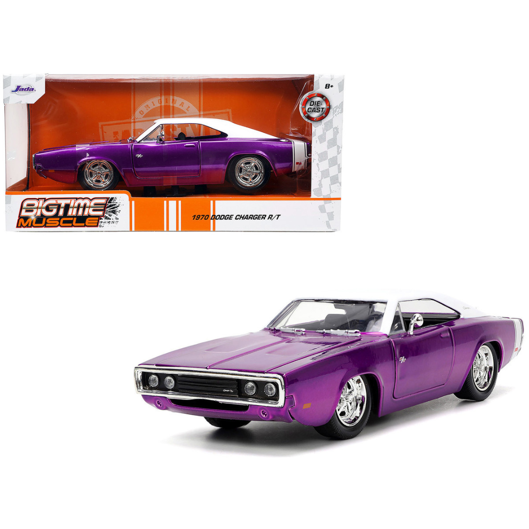 1970 Dodge Charger R/T Purple Metallic with White Top and Tail Stripe "Bigtime Muscle" Series 1/24 Diecast Model Car