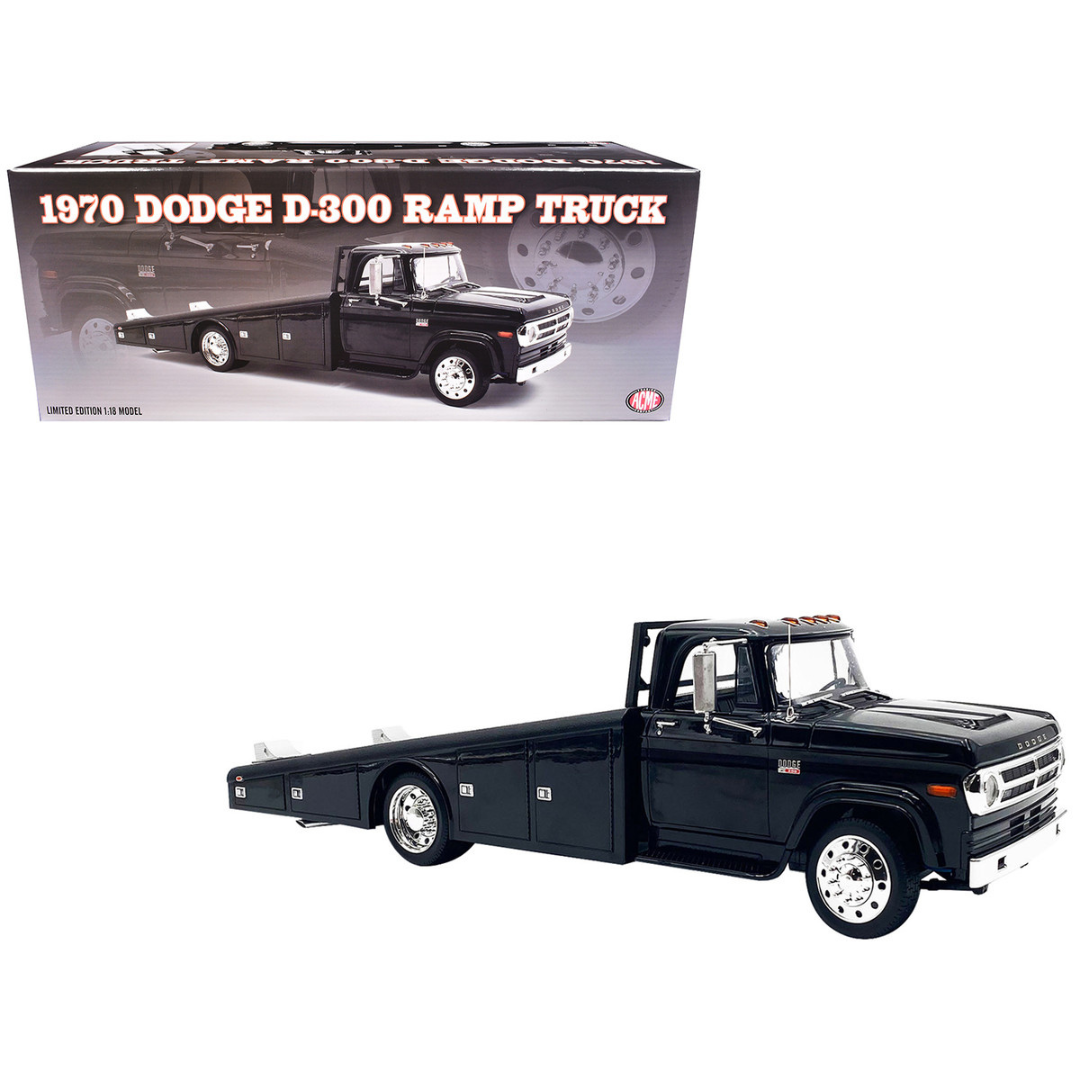 1970 Dodge D-300 Ramp Truck Black with Trucker Wheels Limited Edition to 180 pieces Worldwide 1/18 Diecast Model Car