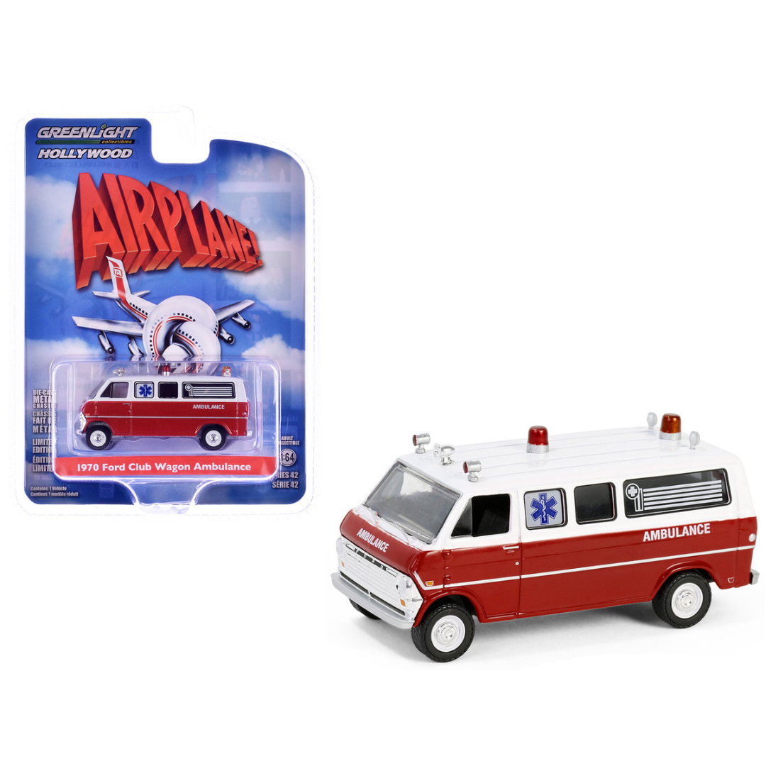 1970 Ford Club Wagon Ambulance Red and White "Airplane!" (1980) Movie "Hollywood Series" Release 42 1/64 Diecast Model Car