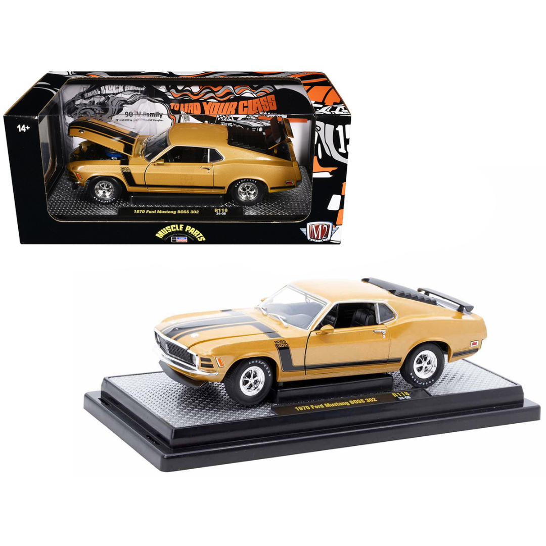 1970 Ford Mustang BOSS 302 Gold Metallic with Black Stripes Limited Edition 1/24 Diecast Model Car