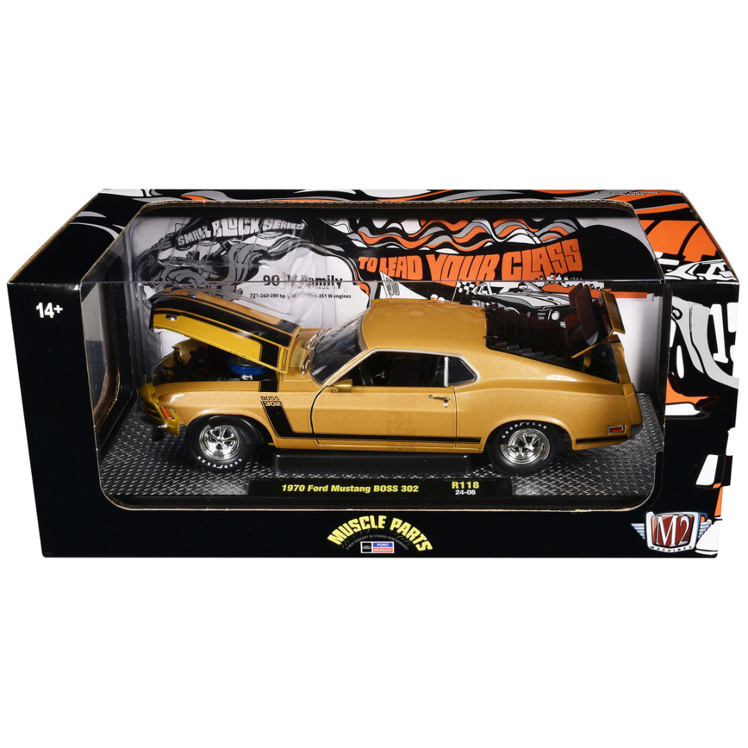 1970 Ford Mustang BOSS 302 Gold Metallic with Black Stripes Limited Edition 1/24 Diecast Model Car