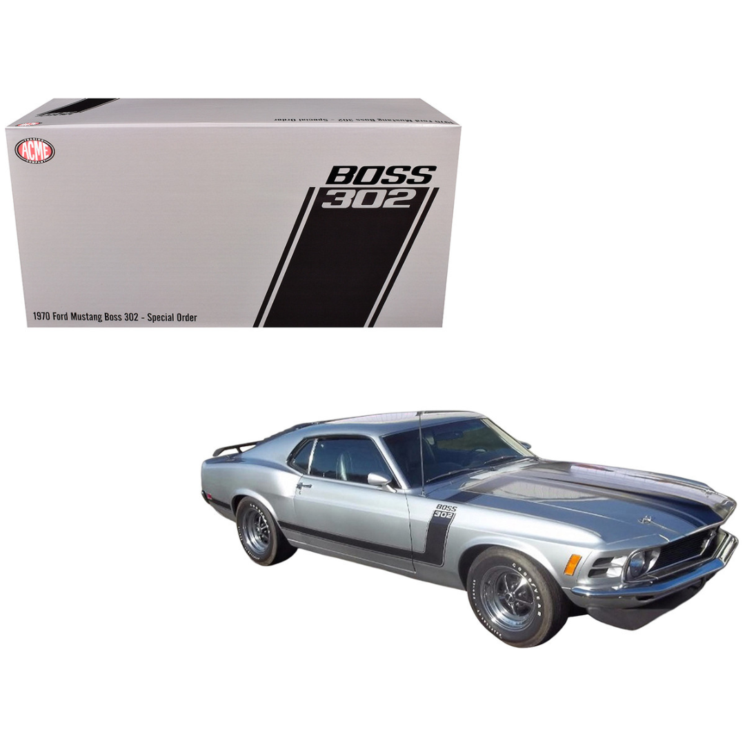 1970 Ford Mustang BOSS 302 "Special Order" Light Silver Metallic with Black Stripes Limited Edition to 302 pieces Worldwide 1/18 Diecast Model Car