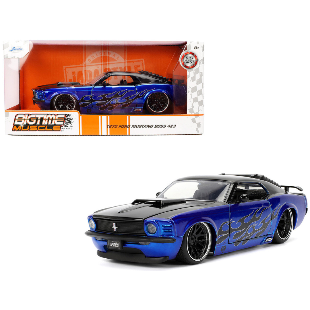 1970 Ford Mustang Boss 429 Black and Blue Metallic with Flames "Bigtime Muscle" Series 1/24 Diecast Model Car