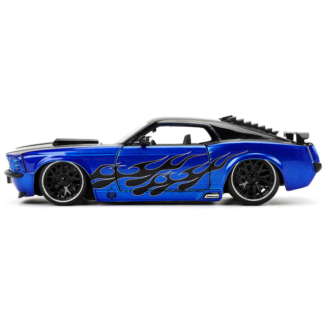 1970 Ford Mustang Boss 429 Black and Blue Metallic with Flames "Bigtime Muscle" Series 1/24 Diecast Model Car