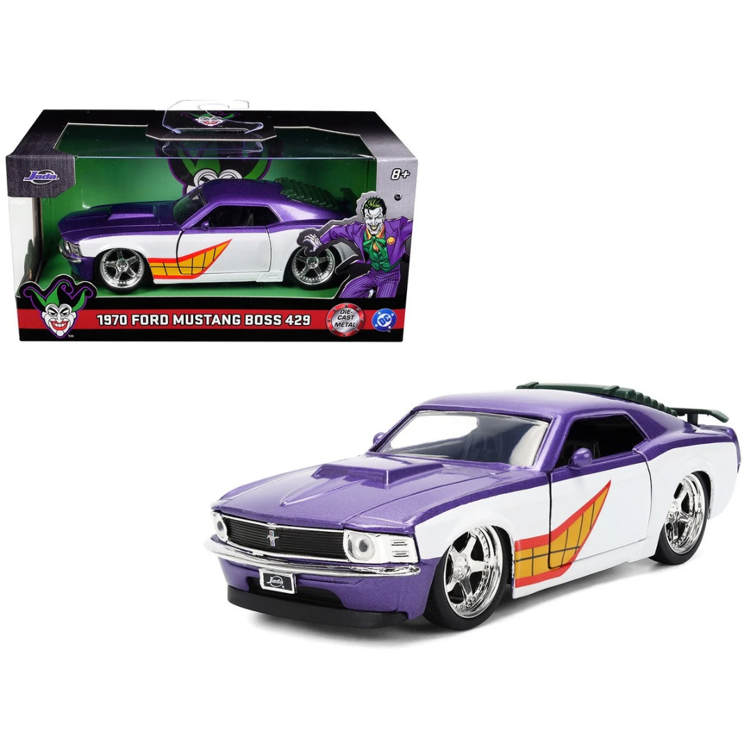 1970 Ford Mustang Boss "Joker" Livery Purple Metallic and White with Graphics "Batman" Franchise "Hollywood Rides" Series 1/32 Diecast Model Car
