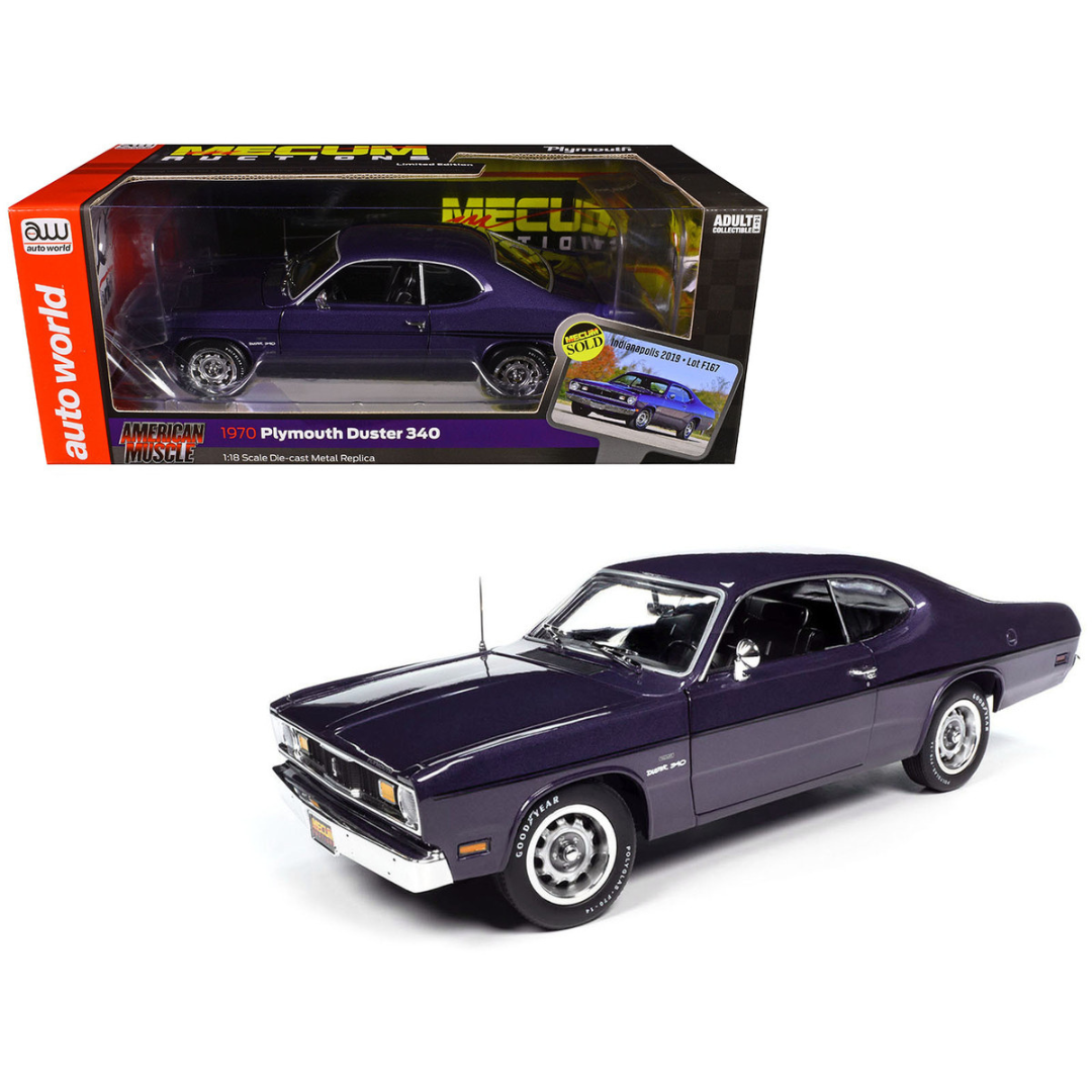 1970 Plymouth Duster 340 Violet Metallic with Black Stripes "Mecum Auctions" "American Muscle" Series 1/18 Diecast Model Car