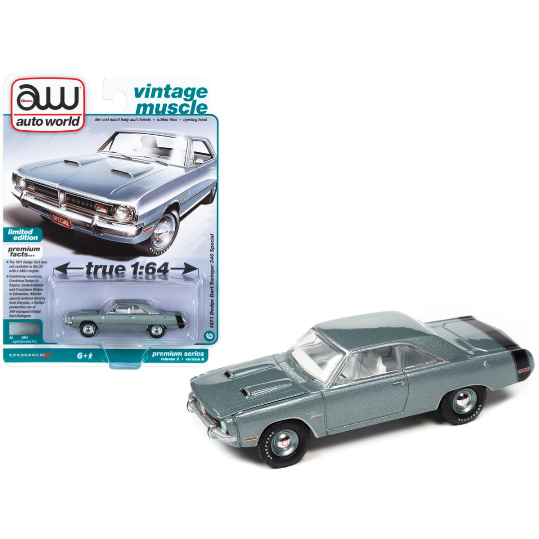 1971-dodge-dart-swinger-340-special-light-gunmetal-gray-metallic-1-64-diecast-model-car-by-auto-world