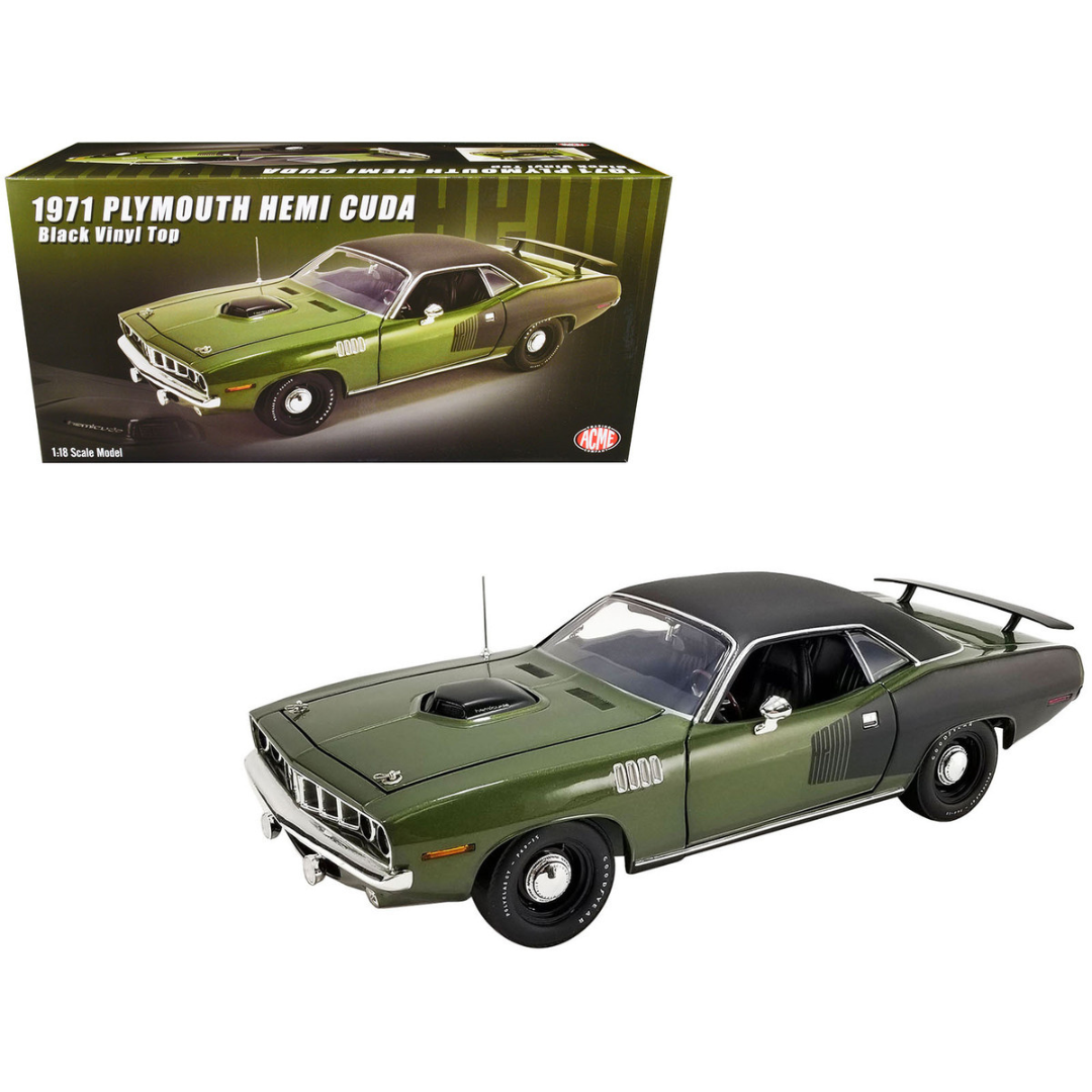 1971 Plymouth Hemi Barracuda Ivy Green with Black Vinyl Top 1 18 Diecast Model Car by ACME