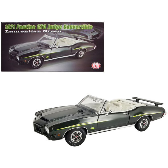1971 Pontiac GTO Judge Convertible Laurentian Green Metallic with Graphics and White Interior Limited Edition 1/18 Diecast Model Car