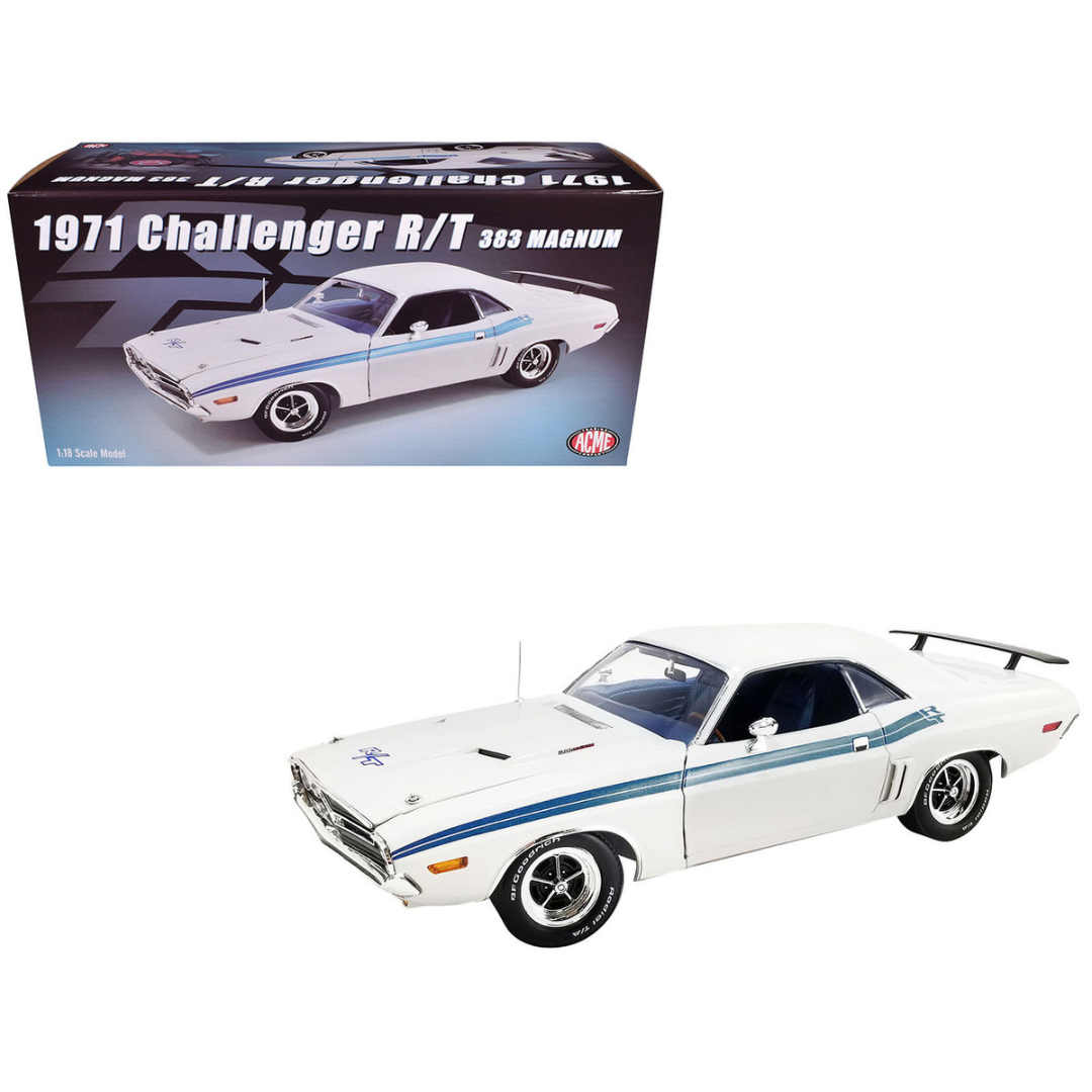 1971 Dodge Challenger R/T 383 Magnum Brite White with Blue Stripes and Blue Interior Limited Edition 1/18 Diecast Model Car