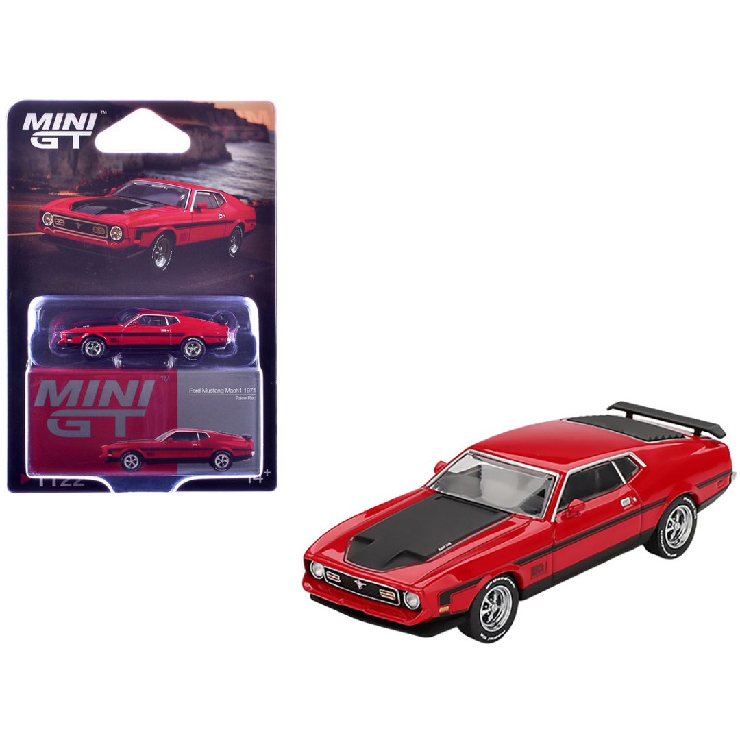 1971 Ford Mustang Mach 1 Race Red with Black Hood and Stripes Limited Edition 1/64 Diecast Model Car