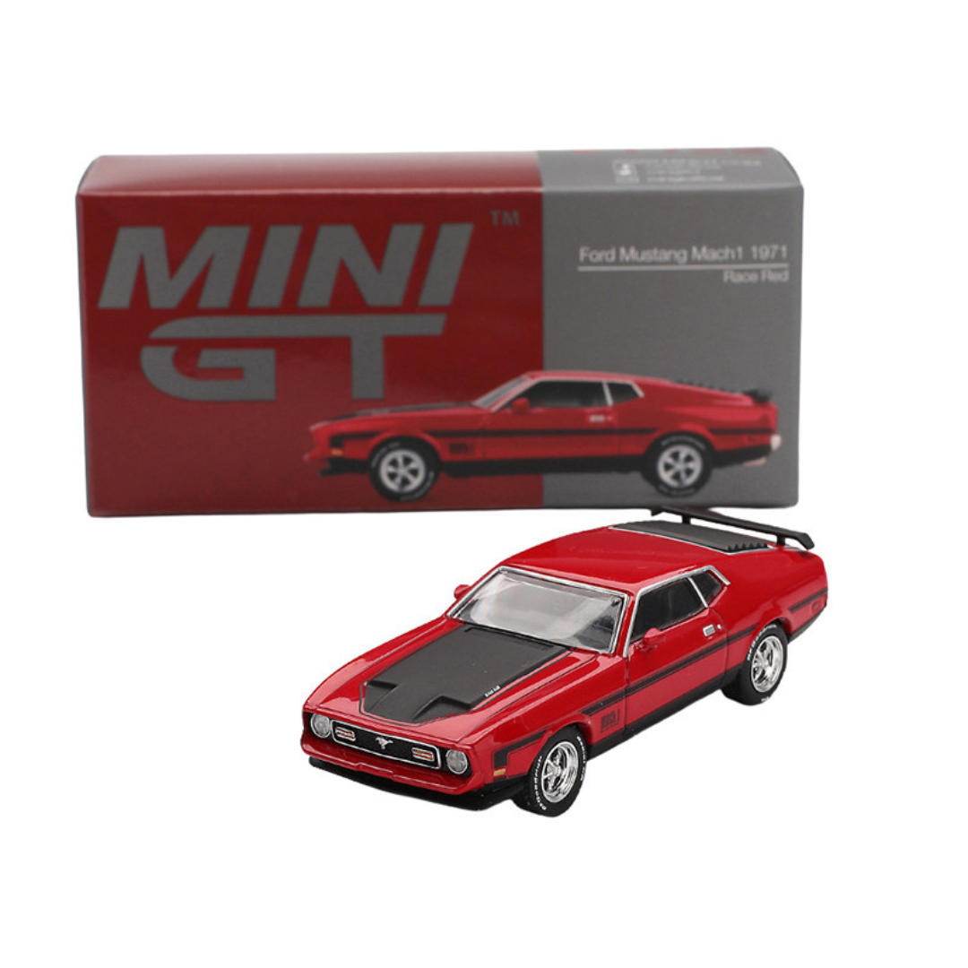1971 Ford Mustang Mach 1 Race Red with Black Hood and Stripes Limited Edition 1/64 Diecast Model Car