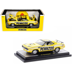 1971 Plymouth Barracuda 440 Yellow with Gray Stripes and Black Top "Pennzoil" Limited Edition 1/24 Diecast Model Car