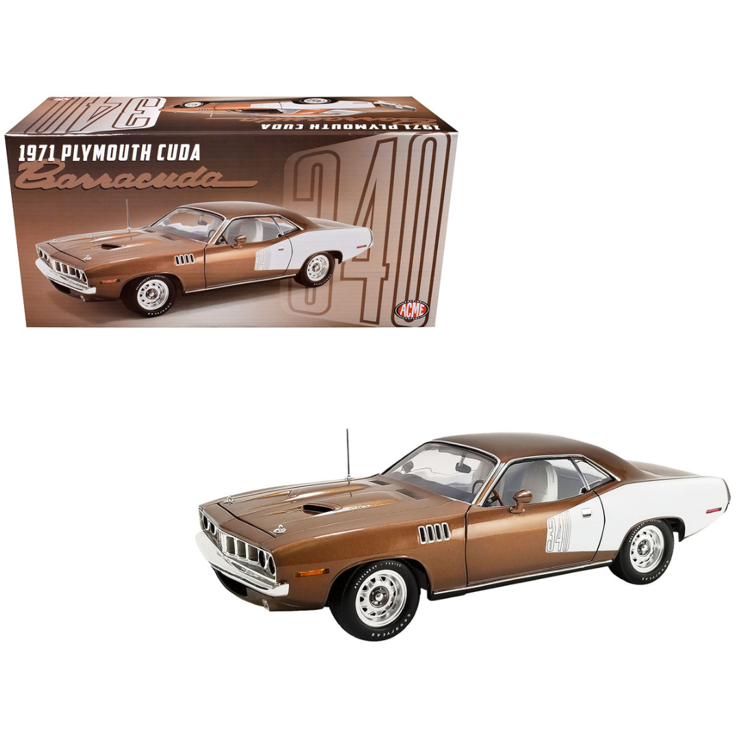 1971 Plymouth Barracuda Tahitian Walnut Metallic and White Limited Edition 1/18 Diecast Model Car