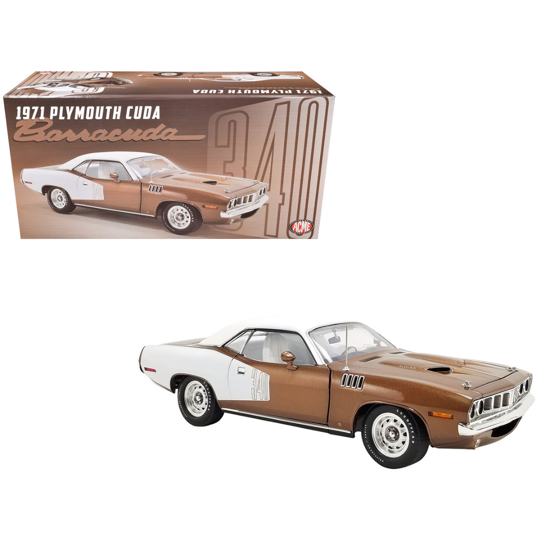 1971 Plymouth Barracuda Tahitian Walnut Metallic and White with White Vinyl Top Limited Edition 1/18 Diecast Model Car