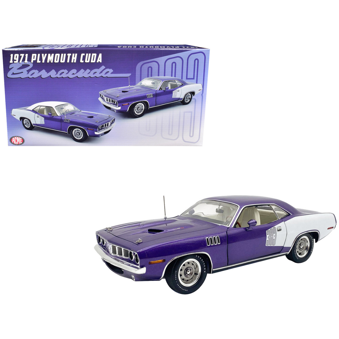 1971 Plymouth Barracuda Violet Metallic and White Limited Edition to 350 pieces Worldwide 1/18 Diecast Model Car