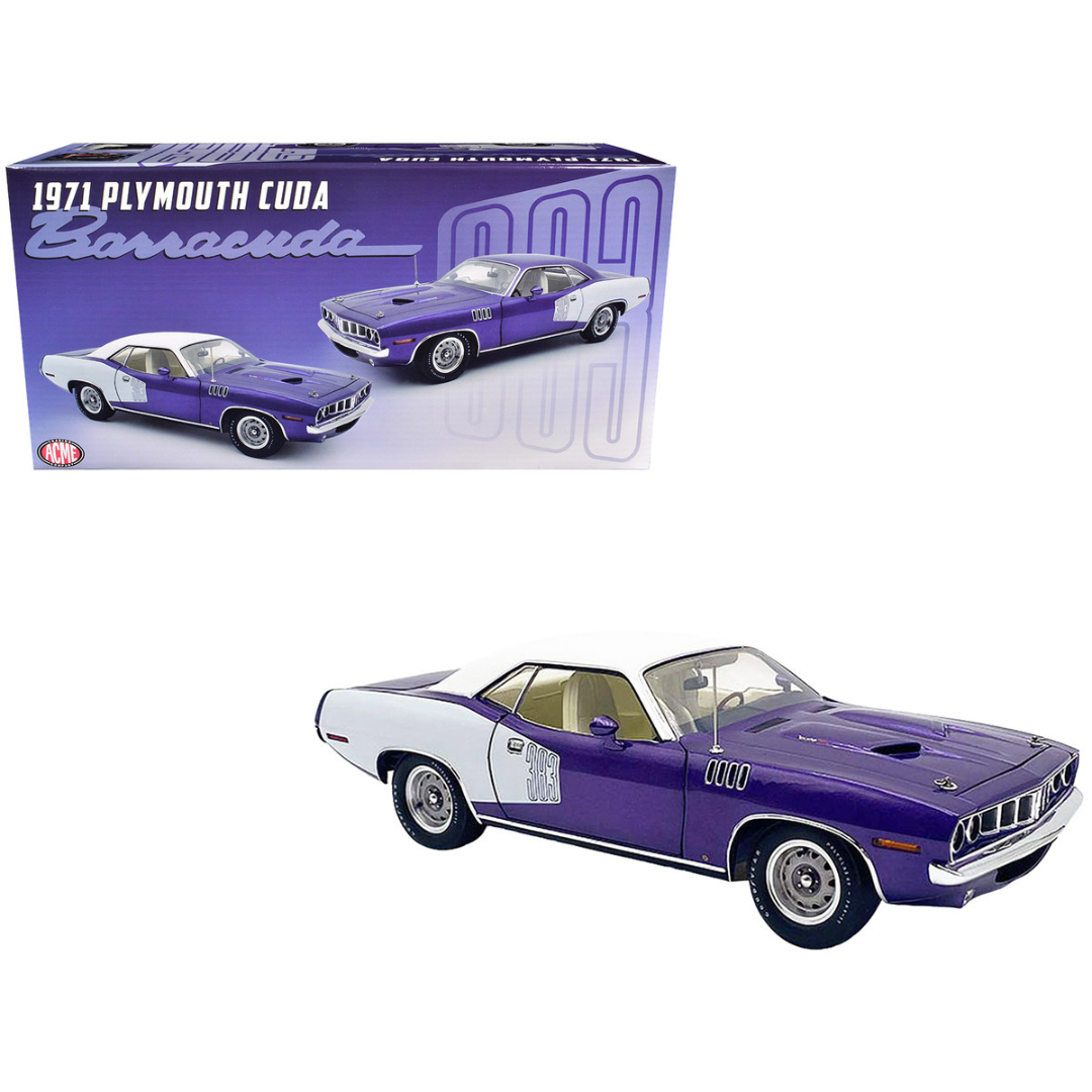 1971 Plymouth Barracuda Violet Metallic and White with White Vinyl Top Limited Edition to 300 pieces Worldwide 1/18 Diecast Model Car