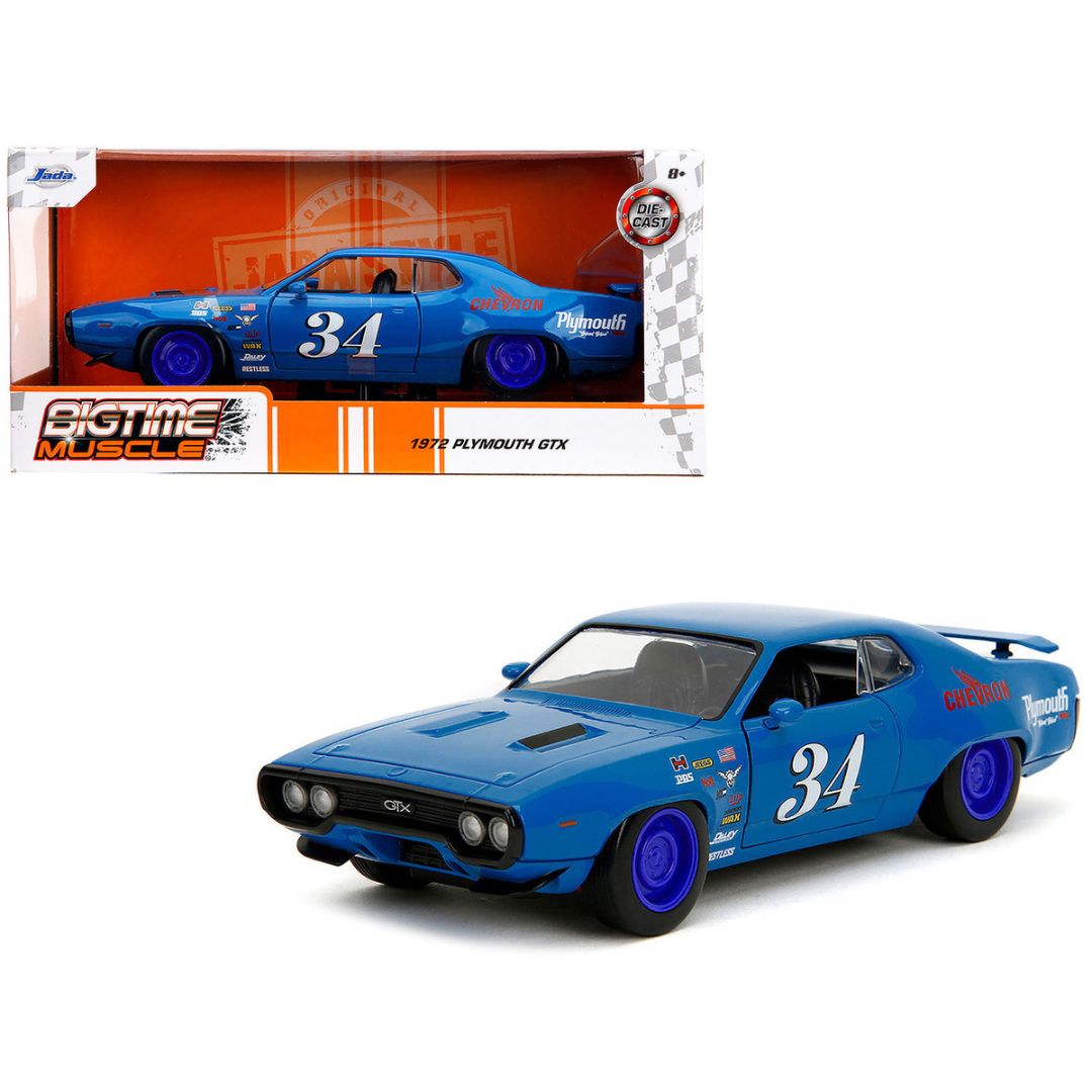 1972 Plymouth GTX #34 Blue with Graphics "Bigtime Muscle" Series 1/24 Diecast Model Car