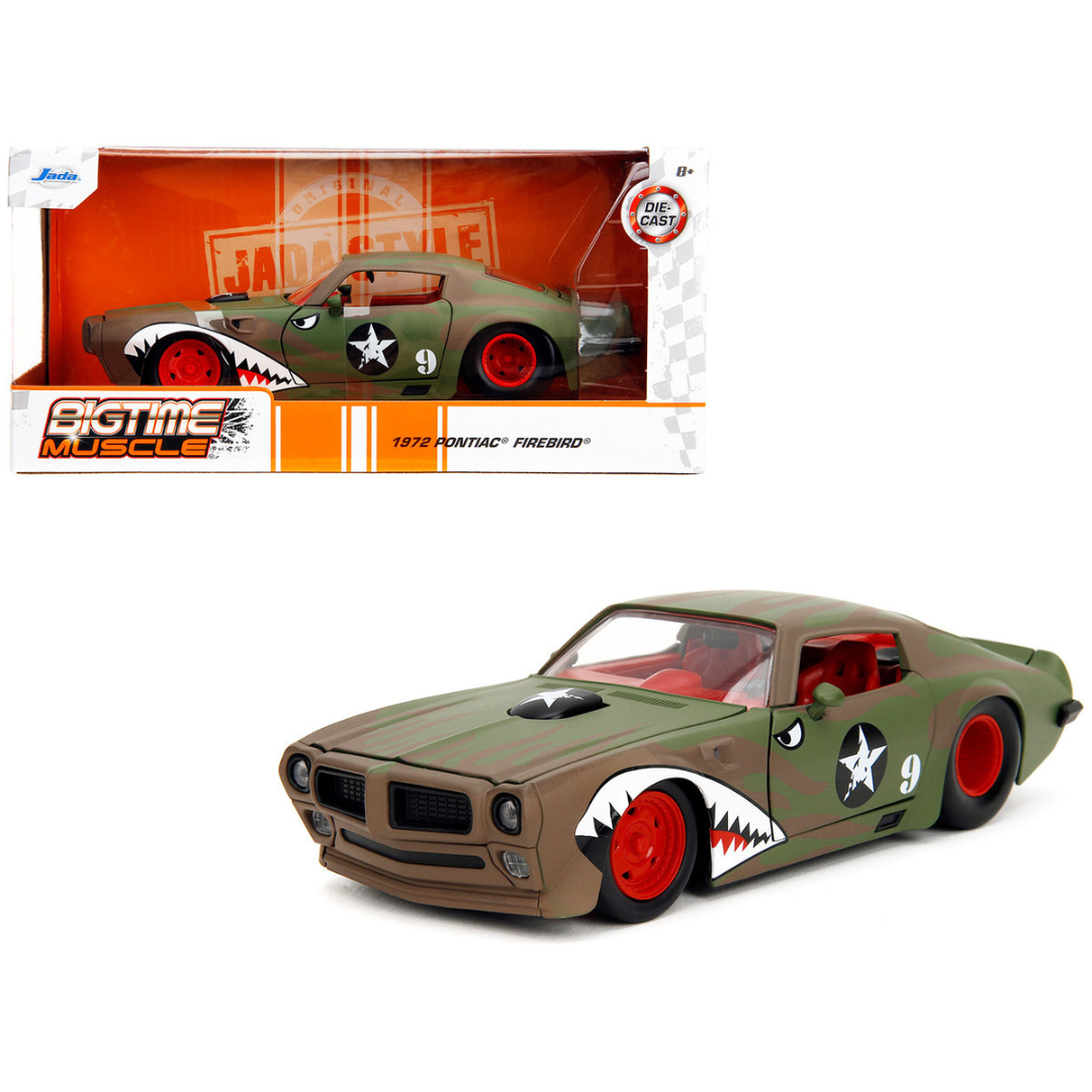 1972 Pontiac Firebird #9 Green Camouflage Flames with Graphics and Red Interior "Bigtime Muscle" Series 1/24 Diecast Model Car