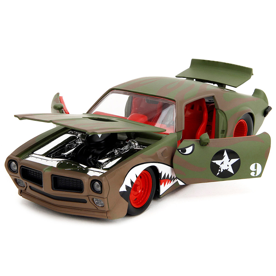 1972 Pontiac Firebird #9 Green Camouflage Flames with Graphics and Red Interior "Bigtime Muscle" Series 1/24 Diecast Model Car