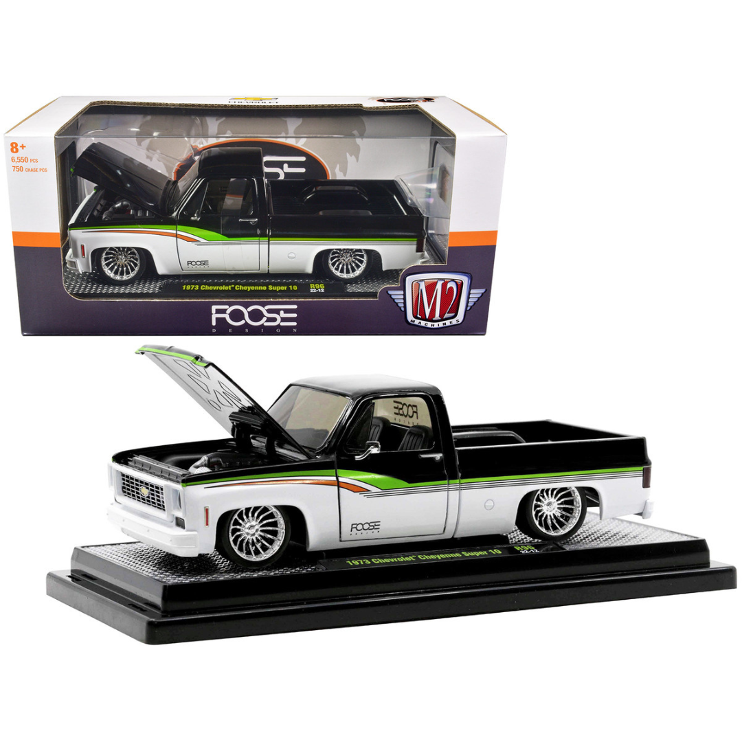 1973-chevrolet-cheyenne-super-10-pickup-truck-black-with-stripes-foose-design-1-24-diecast