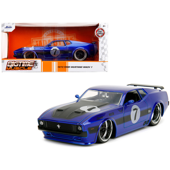 1973 Ford Mustang Mach 1 #7 Candy Blue Metallic with Black Stripes and Hood 1/24 Diecast