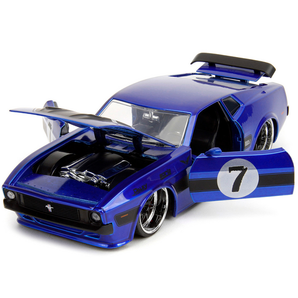 1973 Ford Mustang Mach 1 #7 Candy Blue Metallic with Black Stripes and Hood 1/24 Diecast