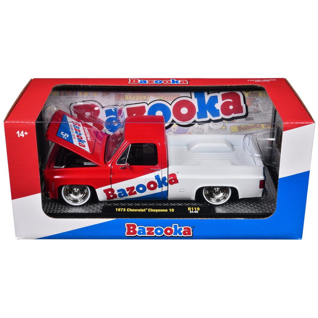 1973 Chevrolet Cheyenne 10 Pickup Truck Red and Blue with White Stripe "Bazooka Bubble Gum" Limited Edition 1/24 Diecast Model Car