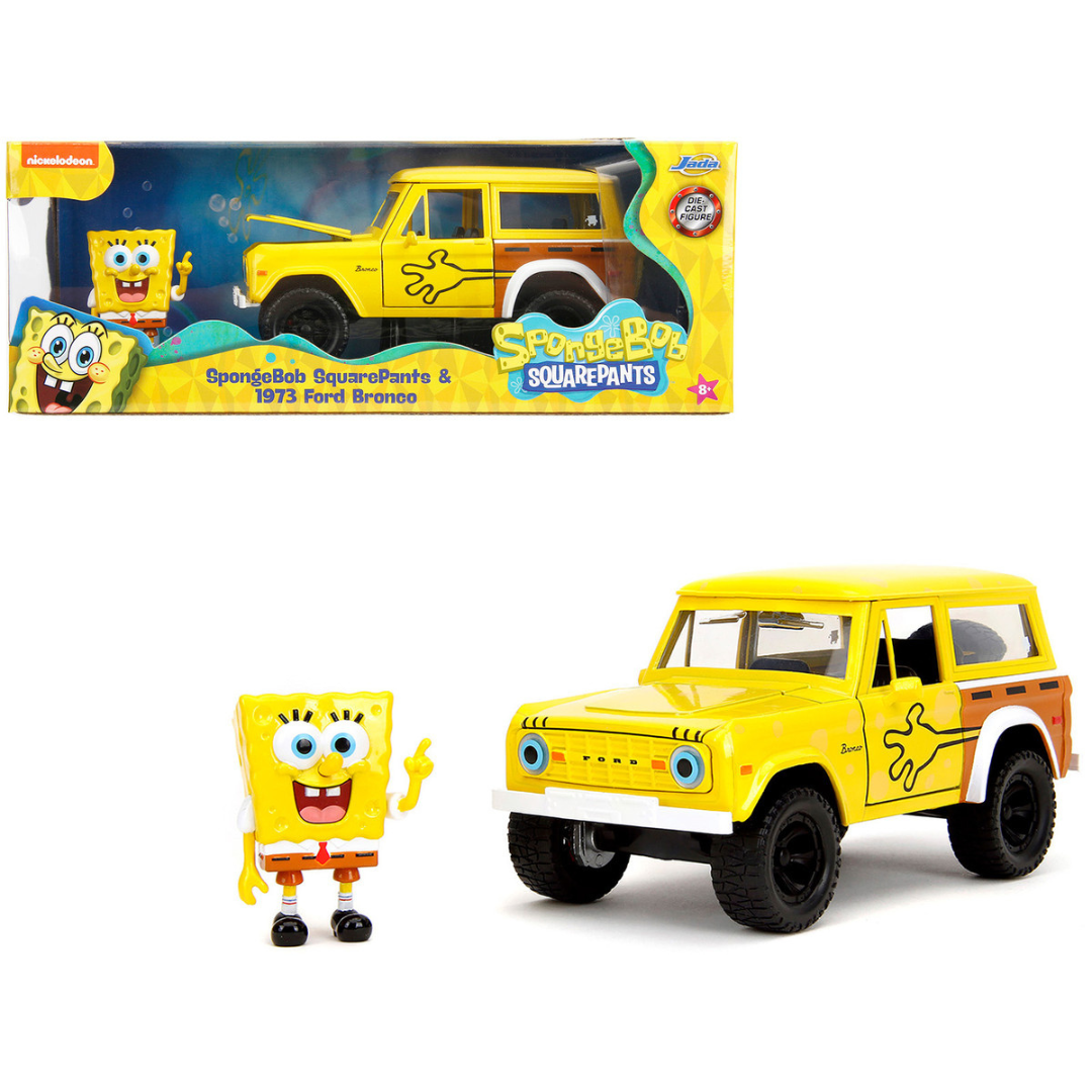 1973 Ford Bronco Yellow with Graphics and SpongeBob SquarePants Diecast Figure "SpongeBob SquarePants" (1999–Current) TV Series "Hollywood Rides" Series 1/24 Diecast Model Car