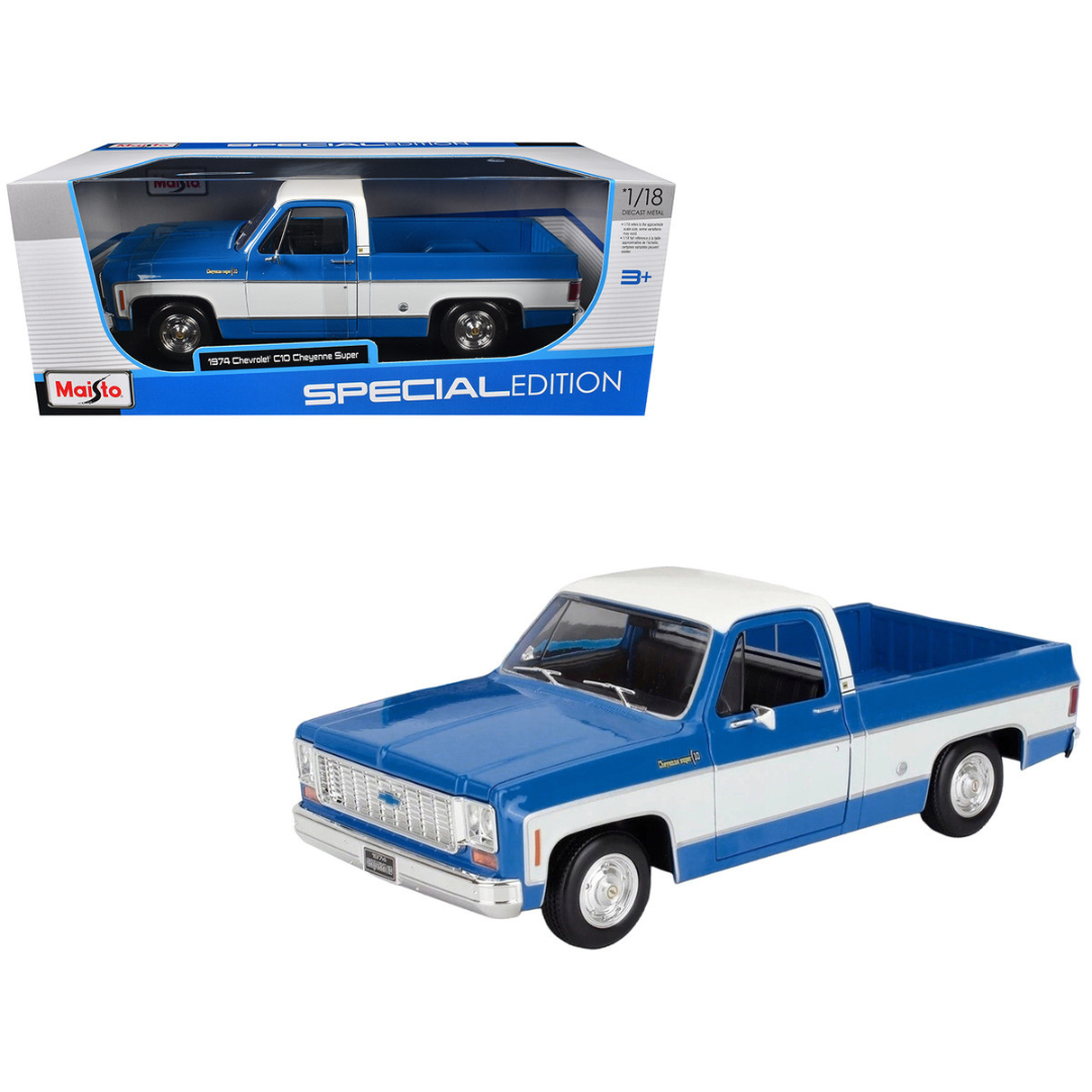 1974 Chevrolet C10 Cheyenne Super Pickup Truck Blue and White "Special Edition" Series 1/18 Diecast Model Car