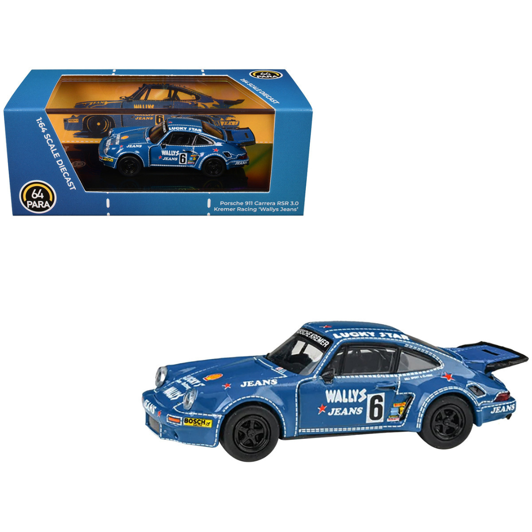 1975 Porsche 911 Carrera RSR 3.0 #6 "Kremer Racing - Wallys Jeans" Blue 1/64 Diecast Model Car