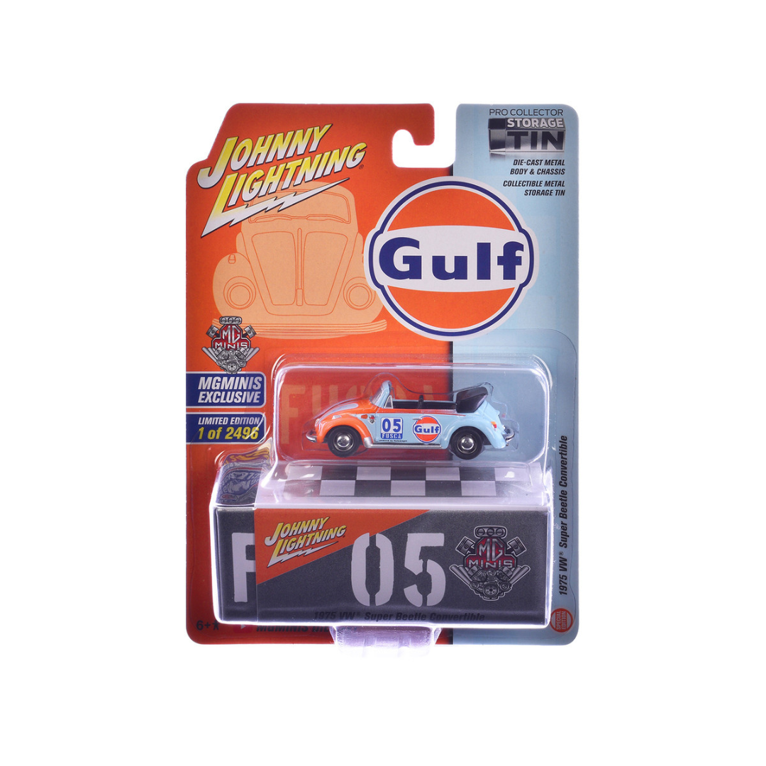 1975 Volkswagen Super Beetle Convertible #05 "Gulf Oil" Light Blue and Orange "MGMinis Exclusive" Series Limited Edition to 2496 pieces Worldwide 1/64 Diecast Model Car