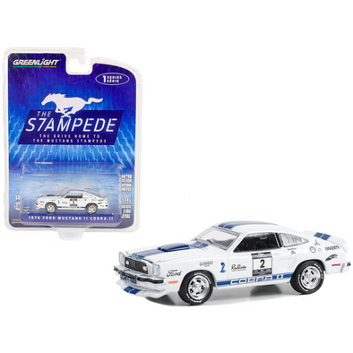 1976 Ford Mustang II Cobra II #2 White with Blue Stripes "Stampede Car" "The Drive Home to the Mustang Stampede" Series 1 1/64 Diecast Model Car