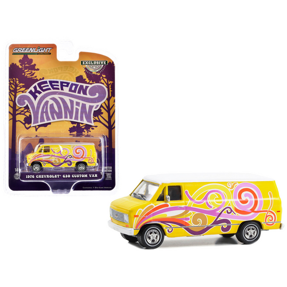 1976-chevrolet-g20-custom-van-yellow-with-graphics-keep-on-vannin-hobby-exclusive-series-1-64-diecast-model-car