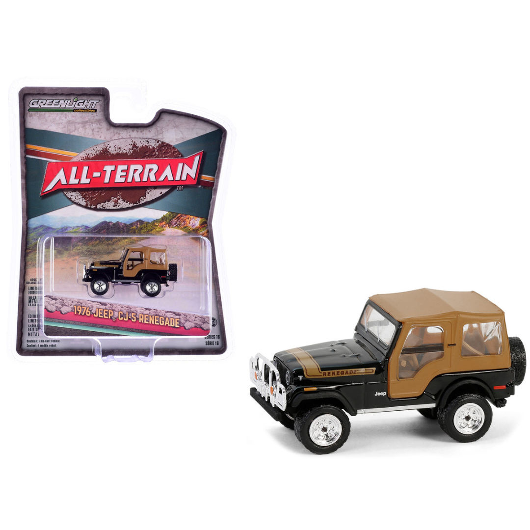 1976 Jeep CJ-5 Renegade Black with Brown Top and Stripe "All Terrain" Series 16 1/64 Diecast Model Car