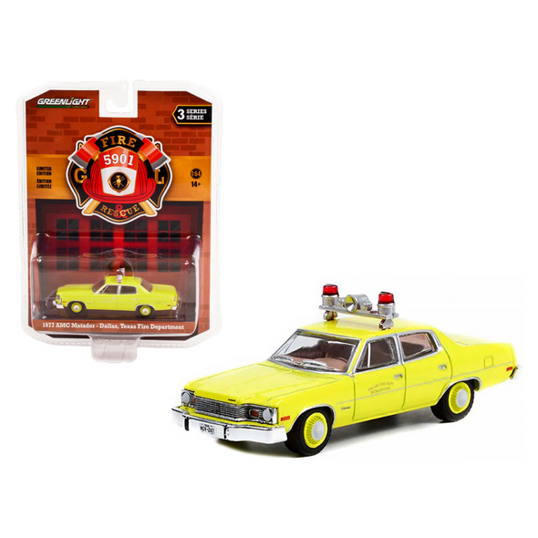 1977-amc-matador-yellow-dallas-fire-department-texas-fire-rescue-series-3-1-64-diecast-model-car-by-greenlight