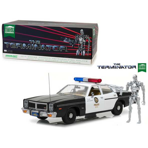 1977 Dodge Monaco with T-800 Endoskeleton Figurine "The Terminator" (1984) 1/18 Diecast Model Car by Greenlight