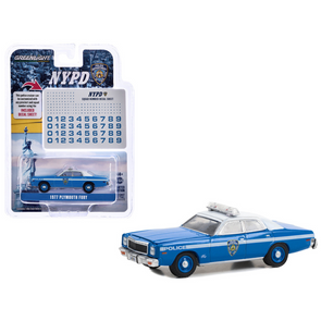 1977 Plymouth Fury "New York Police Department (NYPD)" Blue with White Top and Stripes with NYPD Squad Number Decal Sheet "Hobby Exclusive" Series 1/64 Diecast Model Car