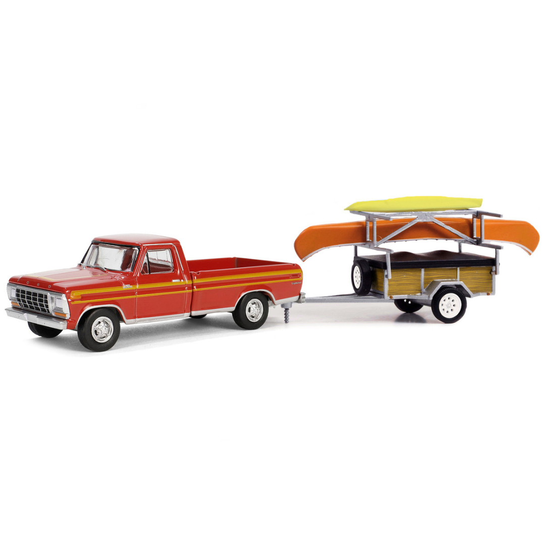 1978 Ford F-150 Ranger Explorer Pickup Truck Maroon with Orange Stripes with Canoe Trailer with Canoe Rack Canoe and Kayak "Hitch & Tow Series" 31 1/64 Diecast Model Car