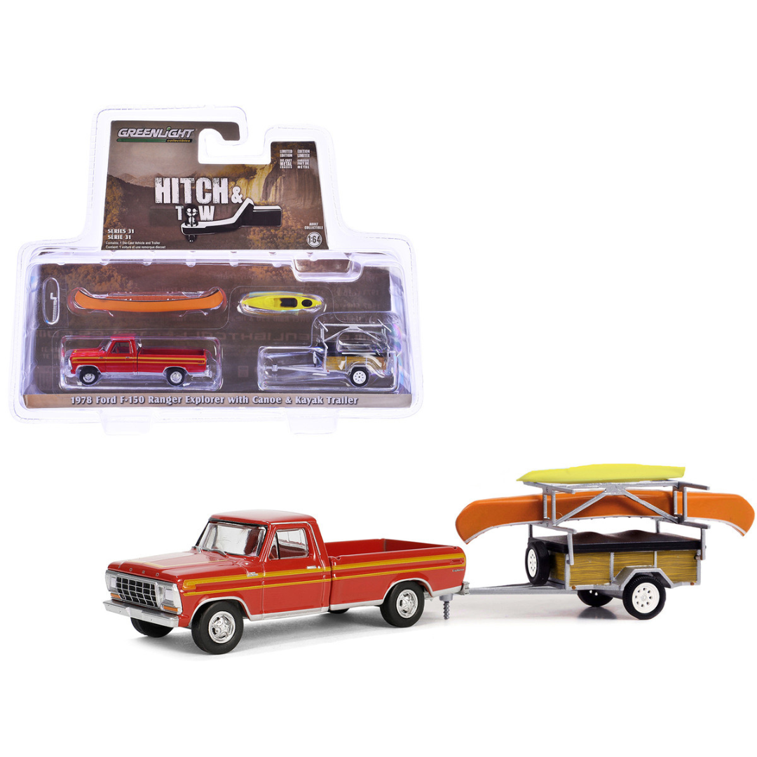 1978 Ford F-150 Ranger Explorer Pickup Truck Maroon with Orange Stripes with Canoe Trailer with Canoe Rack Canoe and Kayak "Hitch & Tow Series" 31 1/64 Diecast Model Car