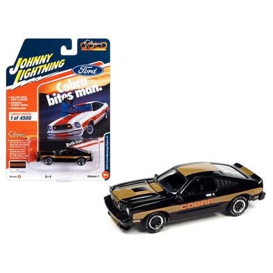 1978 Ford Mustang Cobra II Black with Gold Stripes "Classic Gold Collection" 2023 Release 1 Limited Edition to 4500 pieces Worldwide 1/64 Diecast Model Car by Johnny Lightning