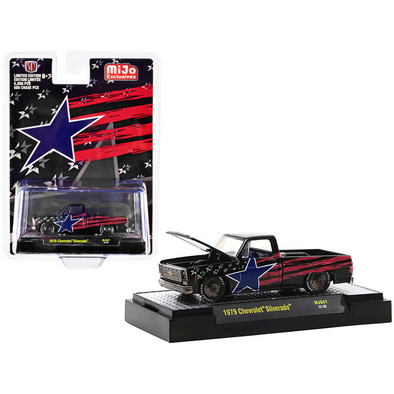1979-chevrolet-silverado-pickup-truck-black-with-stars-and-stripes-graphics-1-64-diecast