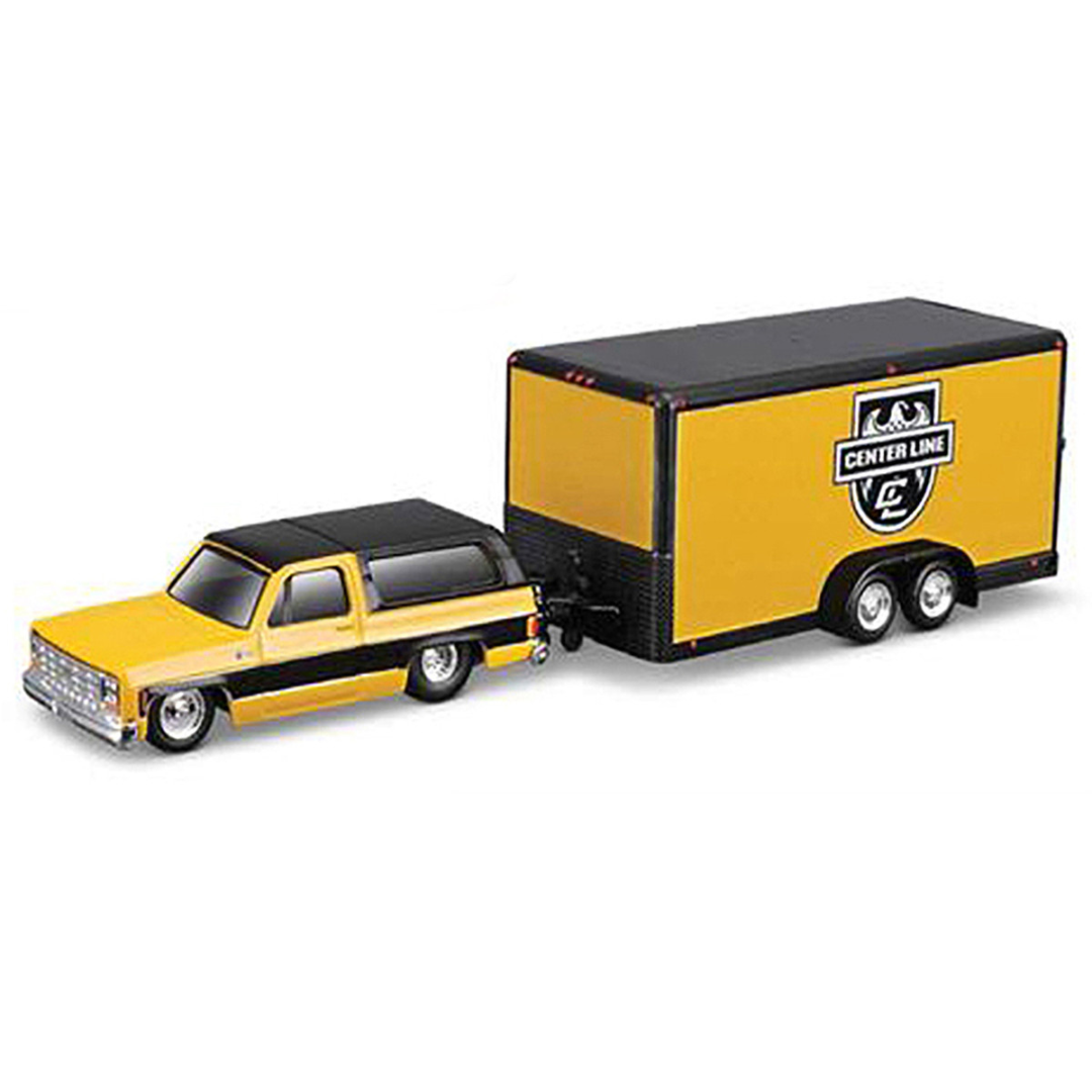 1979 Chevrolet K5 Blazer Yellow with Black Top and Stripes with Enclosed Car Trailer Yellow and Black "Center Line" "Tow & Go" Series 1/64 Diecast Model Car